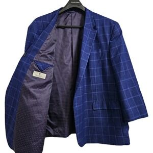 Oak Hill Mens Blazer Suit Jacket Sport Coat Size 58R 4XL Blue Windowpane Plaid